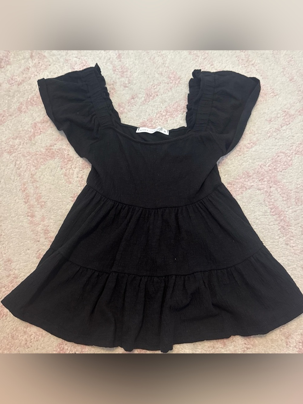 Altar'd State Black Tiered Square Neck Dress with Flutter Sleeves
